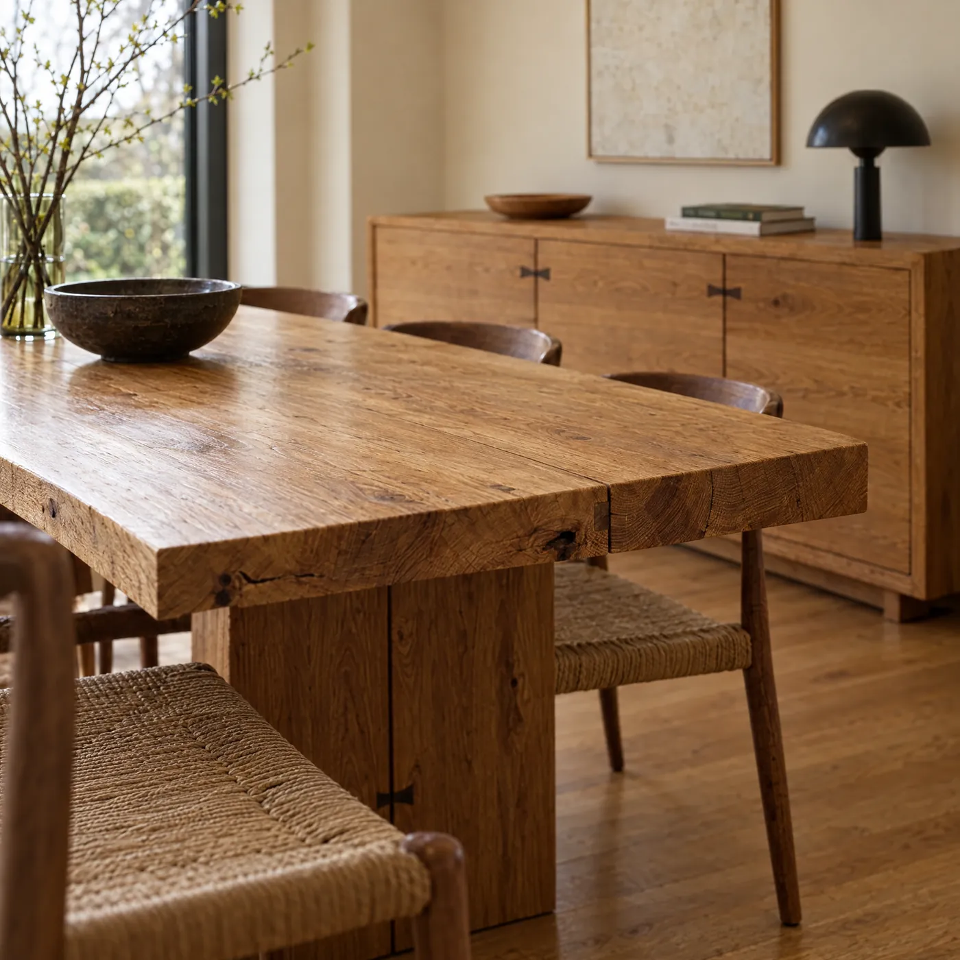 Massiver Esstisch aus geölter Eiche vor einem Sideboard aus Eiche
