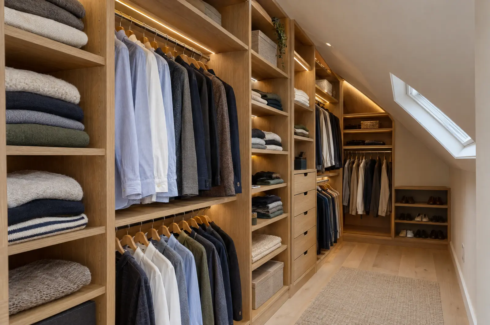 Begehbarer Schrank aus Eiche mit Fächern, Kleiderstangen und Beleuchtung unter einer Dachschräge