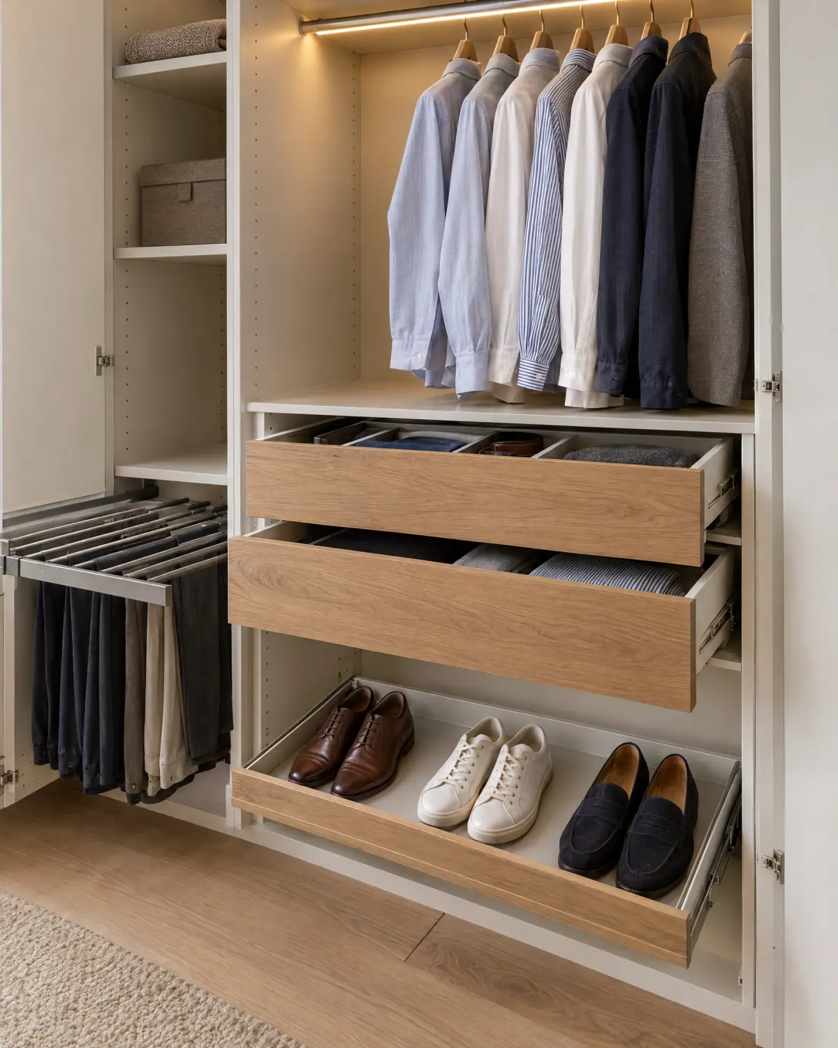 Geöffneter Einbauschrank mit Hosenauszug, Laden aus Eiche, Schuhauszug und beleuchteter Kleiderstange