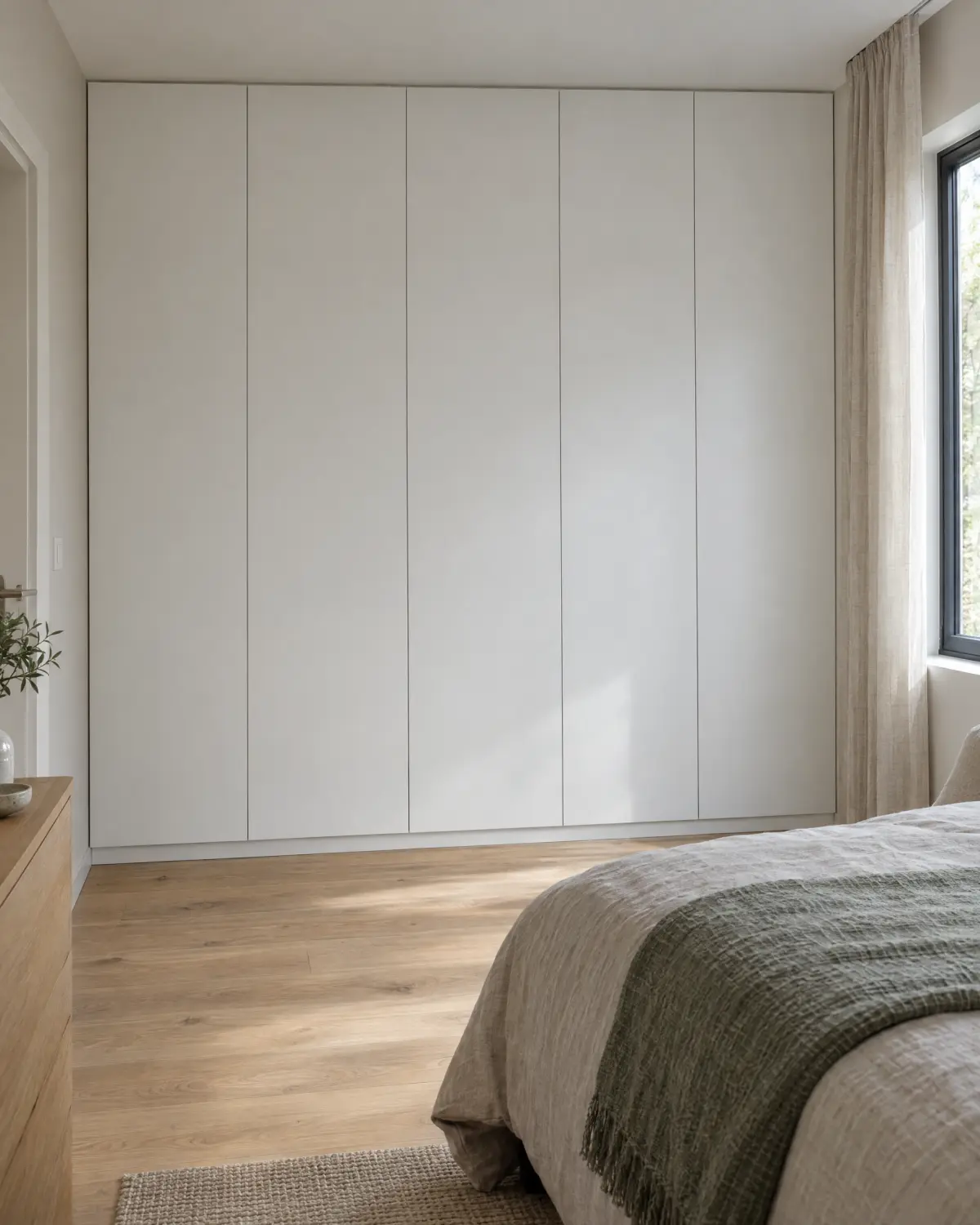 Weißer Einbauschrank, der eine Wandnische im Schlafzimmer vom Boden bis zur Decke füllt