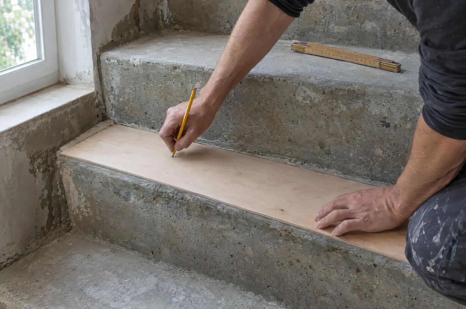 Hände übertragen mit Bleistift den Umriss einer Betonstufe auf eine Schablone, daneben ein Gliedermaßstab